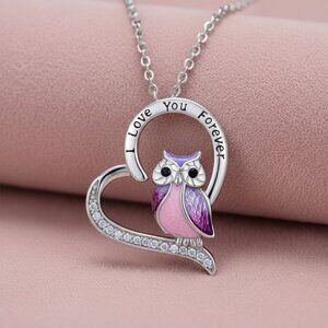 Pink Owl "I LOVE YOU FOREVER" Silver Heart Necklace